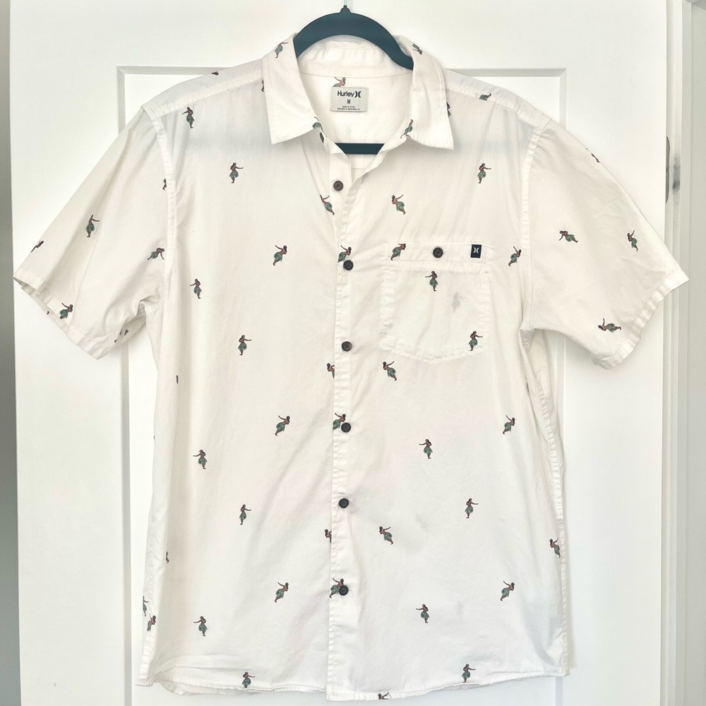 White Hurley button up short sleeve Hawaiian shirt, Men’s size M